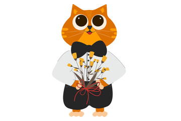 A red cat gives flowers. Spring holiday. A gift to a woman. The cat greets