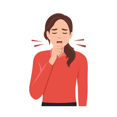 Young sick woman. Unhappy character. Vector cartoon illustration. Woman coughing in hand. Flat vector illustration isolated on white background