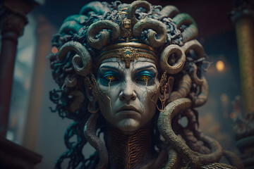 The classic depiction of the head of the Gorgon Medusa from ancient mythology, a gloomy awesome look horror fright. Generative AI technology.