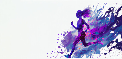 Plakat picture of side view of young female athlete in activewear and sneakers running fast against white background with colorful stains of aquarelle. Ai generated