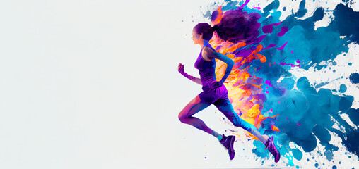 Obraz na płótnie Canvas picture of side view of young female athlete in activewear and sneakers running fast against white background with colorful stains of aquarelle. Ai generated