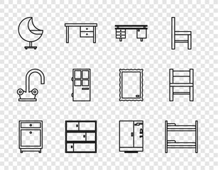 Set line Furniture nightstand, Bunk bed, Office desk, Shelf, Armchair, Closed door, Shower cabin and Chair icon. Vector