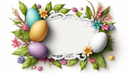 Easter background on white with  white copy space. Generative AI