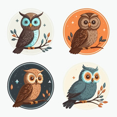 set of cute colorful owls isolated on white background