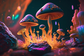 Psychedelic mushrooms trip into wellness and escapism with surrealis and vibrant trippy illustrations. Generative AI