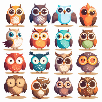 set of cute colorful owls isolated on white background