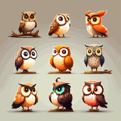 set of cute colorful owls isolated on white background