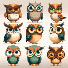 set of cute colorful owls isolated on white background