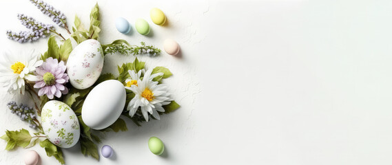 Easter background on white with  white copy space. Generative AI