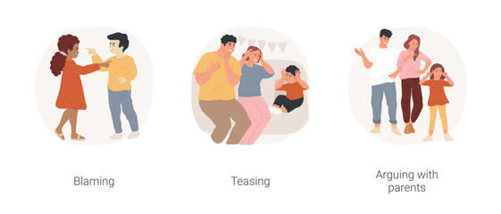 Low emotional intelligence isolated cartoon vector illustration set. Blaming other people, pointing finger, kids teasing each other, show grimaces, child arguing with parents vector cartoon.