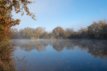 Sonnenaufgang im Nebel &uuml;ber den NSG Altmain bei Grafenrheinfeld, Landkreis Schweinfurt, Unterfranken, Franken, Bayern, Deutschland