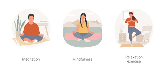 Stress management isolated cartoon vector illustration set. Person practice mindfulness, sit in meditation pose, keeping hands in mudra gesture, relaxation exercise, manage emotions vector cartoon. - 568902970