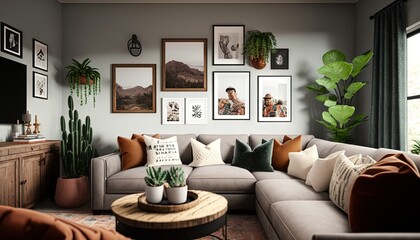  a living room filled with furniture and pictures on the wall above a coffee table with a plant on top of the coffee table in front of the couch.  generative ai