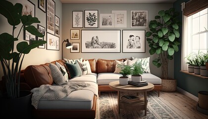  a living room with a couch, coffee table and a potted plant in the corner of the room with pictures on the wall above it.  generative ai