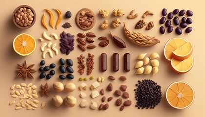  a variety of nuts, oranges, nuts, and other food items are arranged in a variety of shapes and sizes on a beige background.  generative ai
