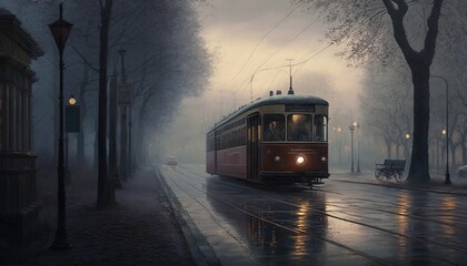 Obraz premium a painting of a trolley on a rainy street with a bench in the foreground and a person sitting on a bench in the background. generative ai