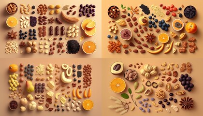  a variety of fruits and nuts arranged in a pattern on a beige background, including oranges, grapes, bananas, and nuts, and other fruits.  generative ai