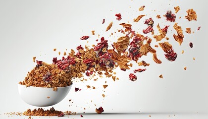  a white bowl filled with granola falling out of it's side into the air and spilling out of it's contents into the air.  generative ai
