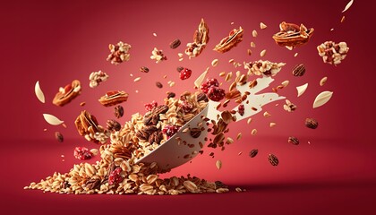  a bowl of granola falling into a pile of nuts and cranberries on a red background with a splash of milk on top.  generative ai