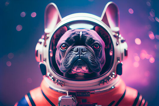 Cute French Bulldog dressed as astronaut in the space. generative ai