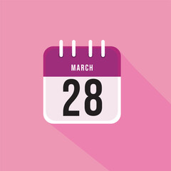 March day 28. Number twenty eight on a white paper with pink border and background. Calendar sheet. Vector illustration.