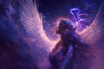 beautiful young beautiful woman, female saint praise sing hymn song and pray to god in night time, glitter glow holy light dreamy atmosphere,  Generative Ai