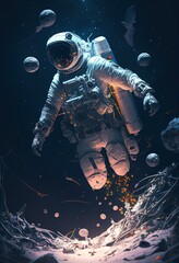 Fototapeta premium astronaut floating among asteroids touching an asteroid. Ai generative