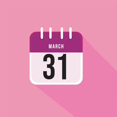 March day 31. Number thirty one on a white paper with pink border and background. Calendar sheet. Vector illustration.