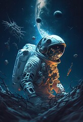Obraz na płótnie Canvas astronaut floating among asteroids touching an asteroid. Ai generative