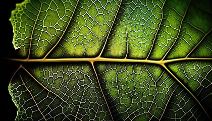  a close up of a green leaf's vein pattern on a black background, with a black background and a yellow line in the middle of the leaf.  generative ai