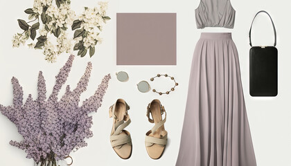  a woman's outfit, shoes, and accessories are arranged on a white surface with a bouquet of flowers and a black purse on the floor.  generative ai