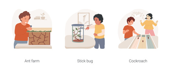Pet insects isolated cartoon vector illustration set. Ant farm for children, observing ant toy, stick bug pet, keeping insect at home, cockroach racing, kids play with roaches vector cartoon.
