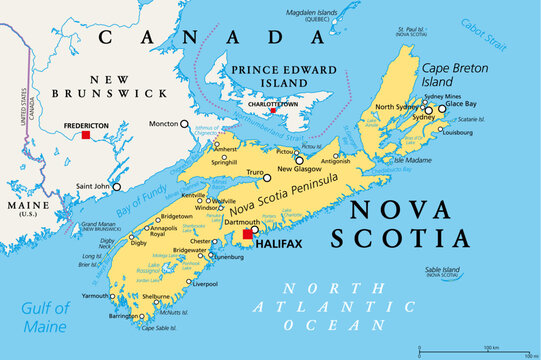 Nova Scotia, Maritime and Atlantic province of Canada, political map. Cape Breton Island and Nova Scotia Peninsula, with capital Halifax. Borders on the Bay of Fundy, Gulf of Maine and Atlantic Ocean.