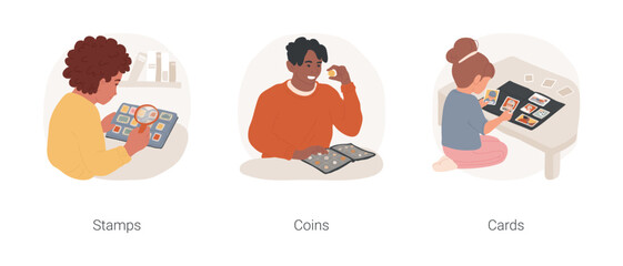 Collecting items isolated cartoon vector illustration set. Boy collecting rare stamps, man with coints collection holder album, trading sport cards collector, classic hobby vector cartoon.