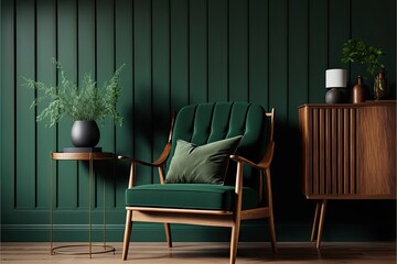 modern mid century green living room with wooden armchair, AI assisted finalized in Photoshop by me 