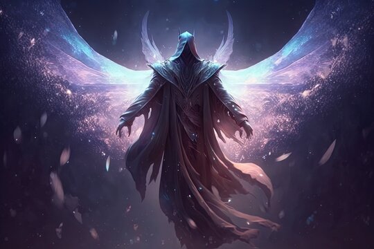 illustration portrait of an god of death fly with light wings in dark midnight, Generative Ai