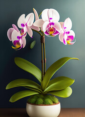 Naklejka premium Beautiful pink indoor orchid flower in home interior. AI generated.