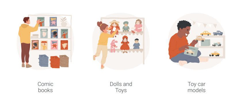 Collecting-based hobbies isolated cartoon vector illustration set. Comic book edition collection, girl with vintage dolls and toys, collecting retro toy car models, classic hobby vector cartoon.