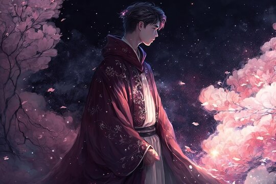 illustration of handsome Asian mage wearing Chinese traditional cloth with glitter glow light and magical romantic atmosphere, Generative Ai
