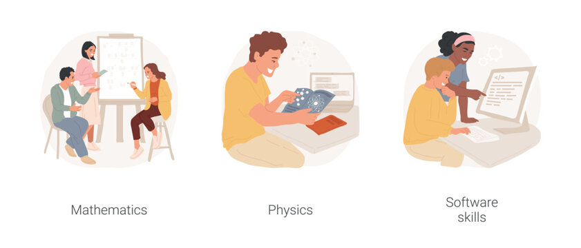 Hobbies and interests isolated cartoon vector illustration set. Mathematics as a hobby, reading about quantum physics, software skills development, coding for fun vector cartoon. - Powered by Adobe