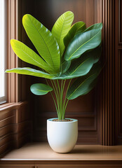 Beautiful lush green home plant ficus in a pot in a home interior on a dark background. AI generated.