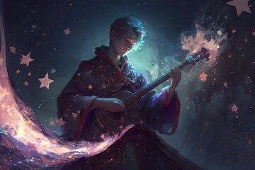 Fototapeta na wymiar illustration of handsome Asian musician wearing Chinese traditional cloth with glitter glow light and magical romantic atmosphere, Generative Ai