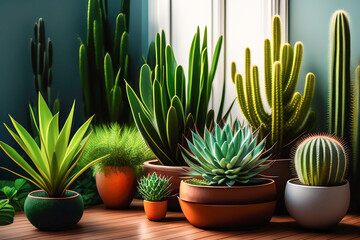 Many beautiful cacti in pots in the interior of the house. AI generated.