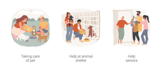 Volunteering activities isolated cartoon vector illustration set. Feeding dogs, take care of homeless pet, animal shelter, volunteer at nursing homer, help senior people, lifestyle vector cartoon.
