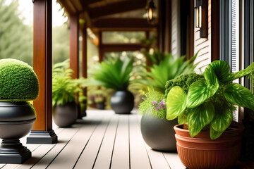 Lots of beautiful green lush indoor plants on the terrace. Decoration and landscaping of the terrace. AI generated.
