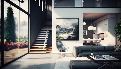  a living room with a couch a chair and a painting on the wall and a staircase leading up to the second floor of the room.  generative ai