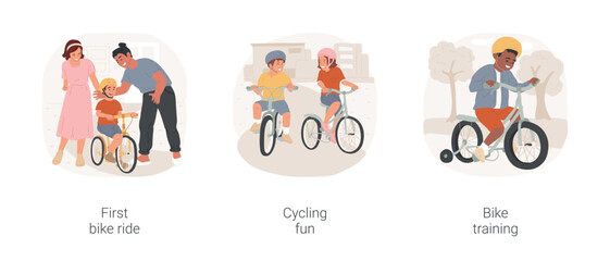 Learn cycling isolated cartoon vector illustration set. First ride, parent help kid to go on bicycle, children cycle together, have fun, small bike with training wheels, active life vector cartoon. - 568905334