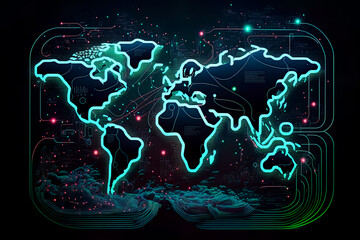 World Map neon futuristic technology concept