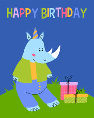 Happy birthday card with fun rhinoceros. Cute rhino with gift box. Children greeting card for print.
