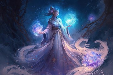 artistic illustration of Chinese Goddess girl wearing traditional outfit with glow glitter light, power energy emerge around,  idea for Asian fairytale theme, Generative Ai 
